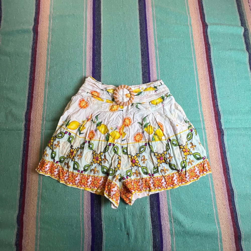 Shore Shorts Women XS White Citrus Lemon Orange Print Smocked Waist Tropical